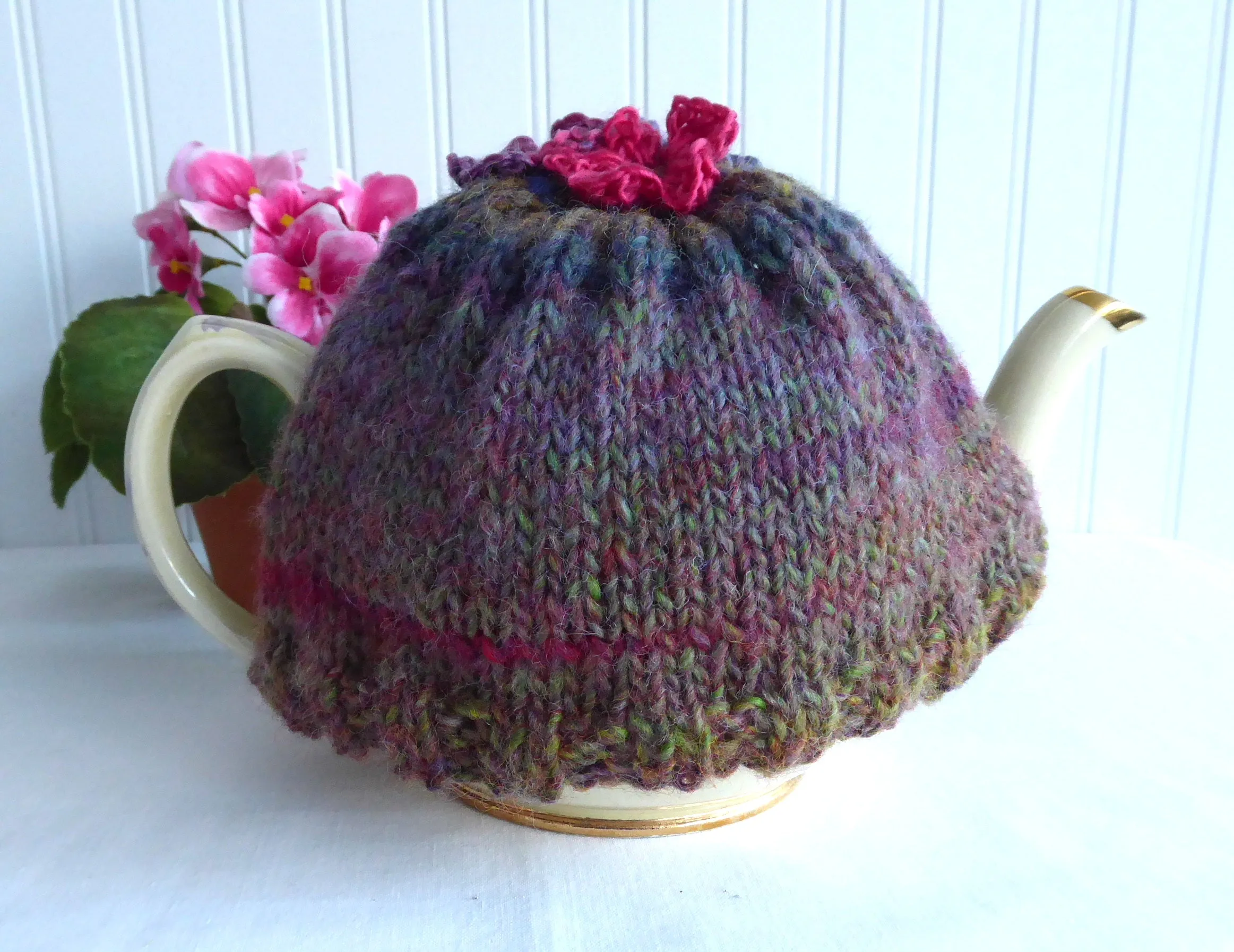 Hand Knit Tea Cozy Applied Flowers Cosy Knitted Brown Green Variegated Medium Stretchy