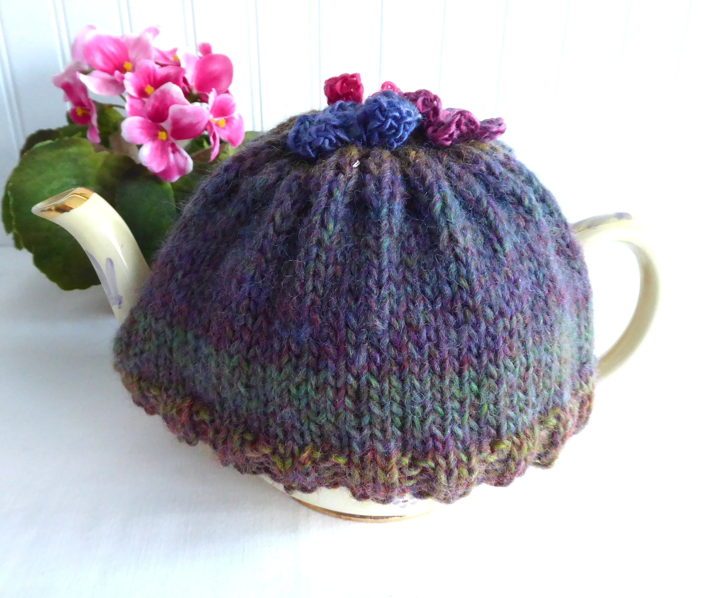 Hand Knit Tea Cozy Applied Flowers Cosy Knitted Brown Green Variegated Medium Stretchy