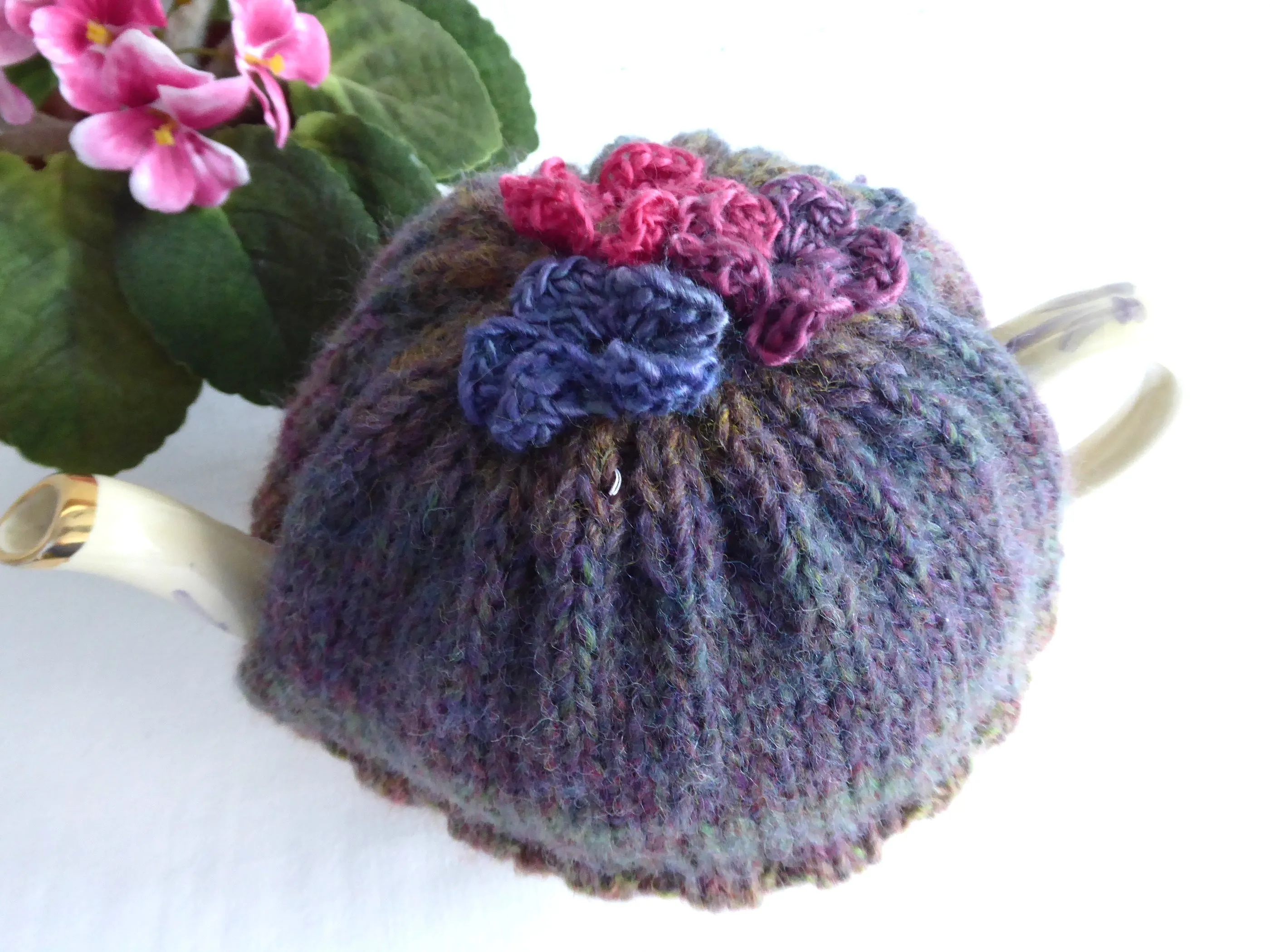 Hand Knit Tea Cozy Applied Flowers Cosy Knitted Brown Green Variegated Medium Stretchy