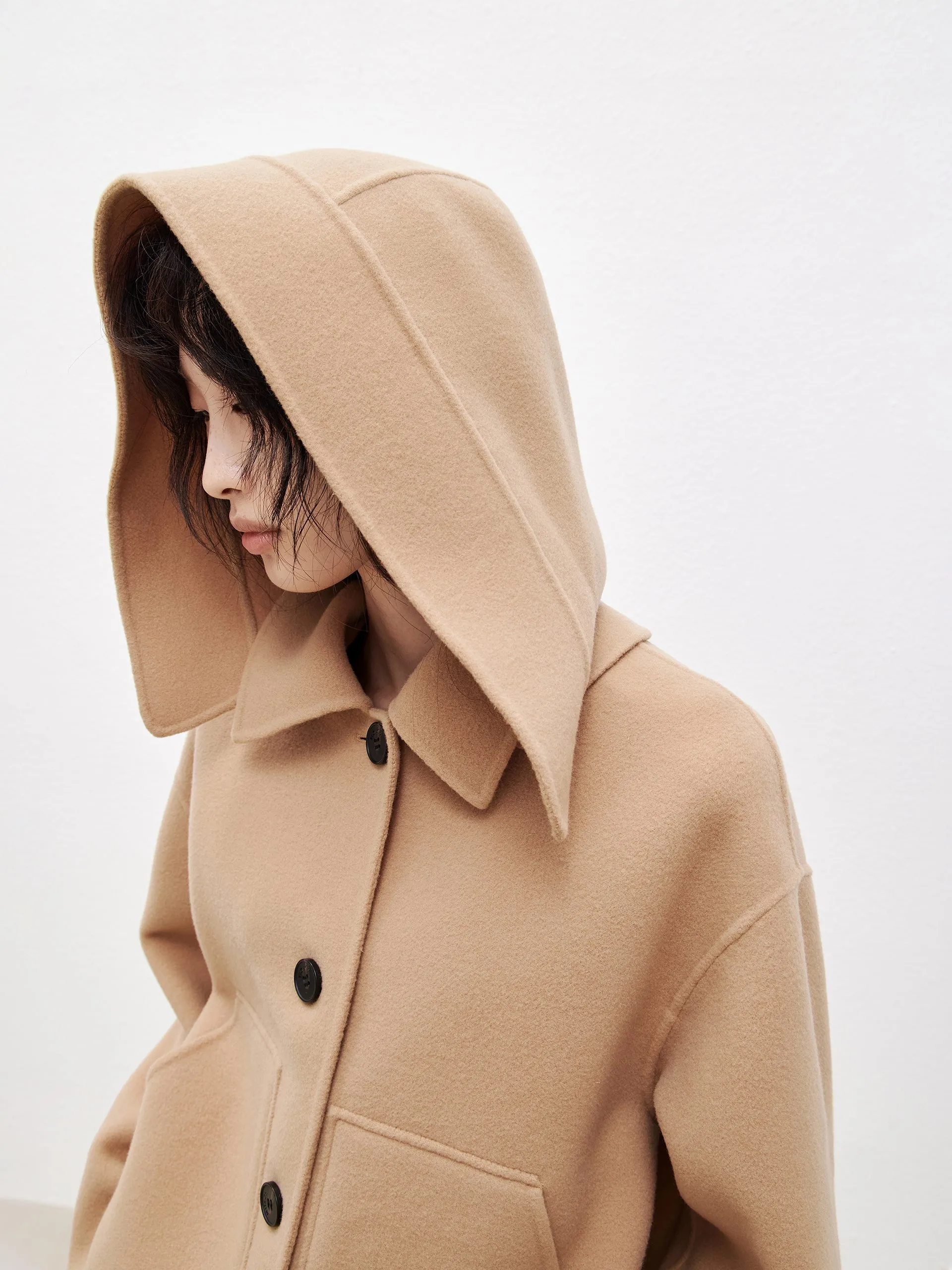 Hooded Cropped Wool Coat