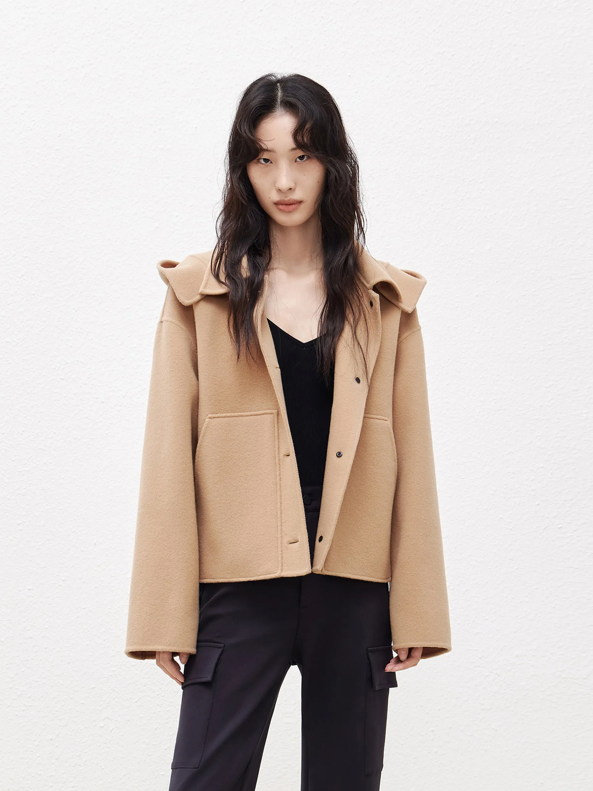 Hooded Cropped Wool Coat