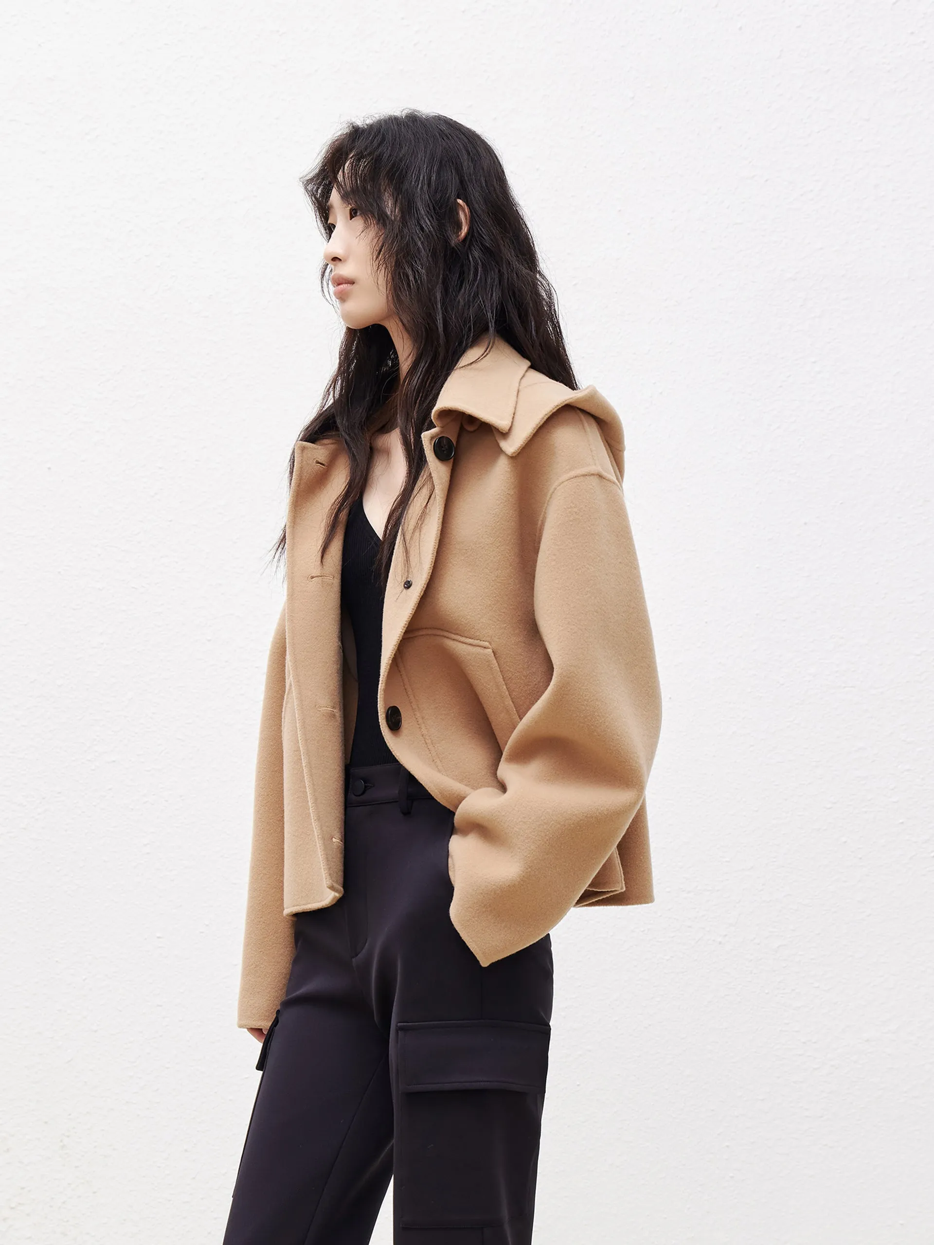 Hooded Cropped Wool Coat