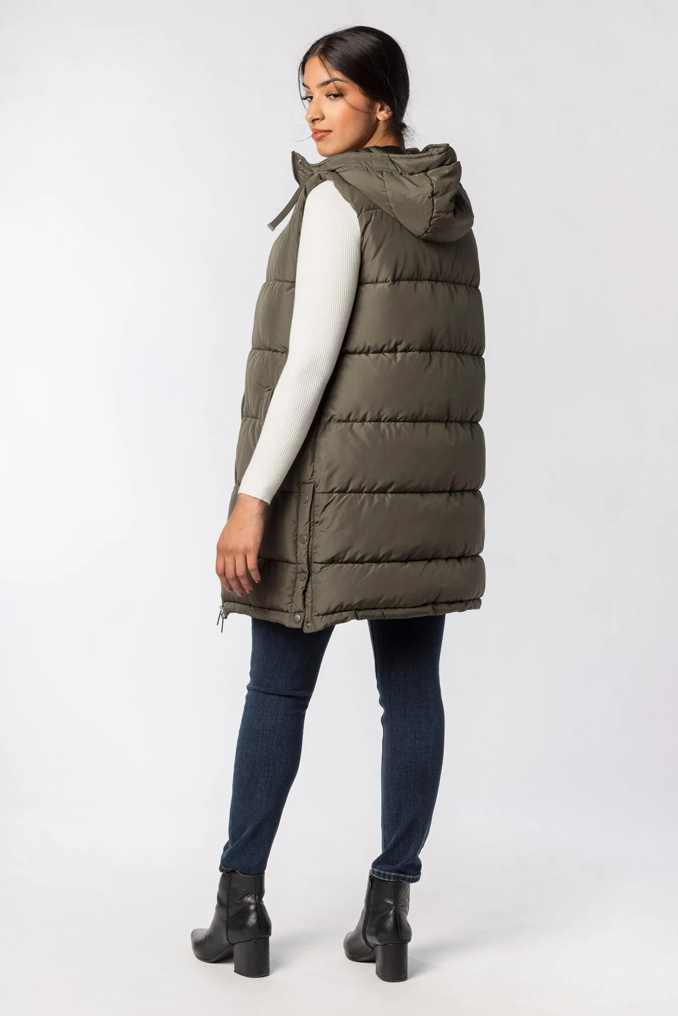 Hooded Midi Puffer Vest with Side Snaps