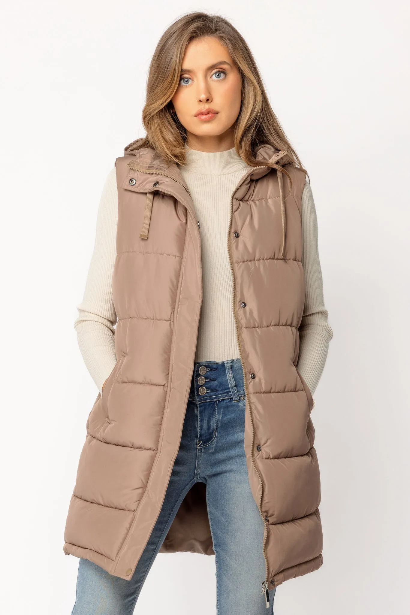 Hooded Midi Puffer Vest with Side Snaps