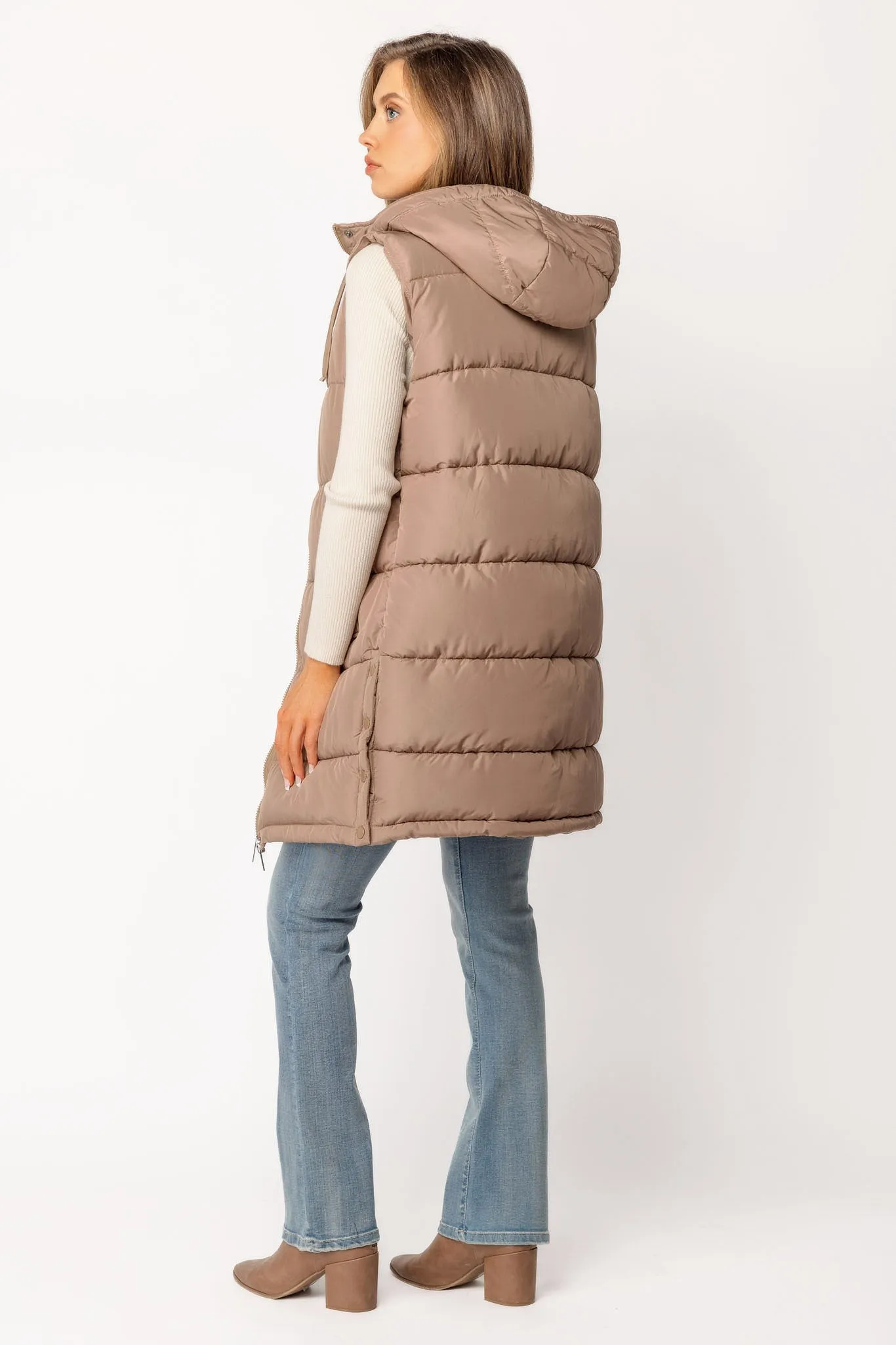 Hooded Midi Puffer Vest with Side Snaps