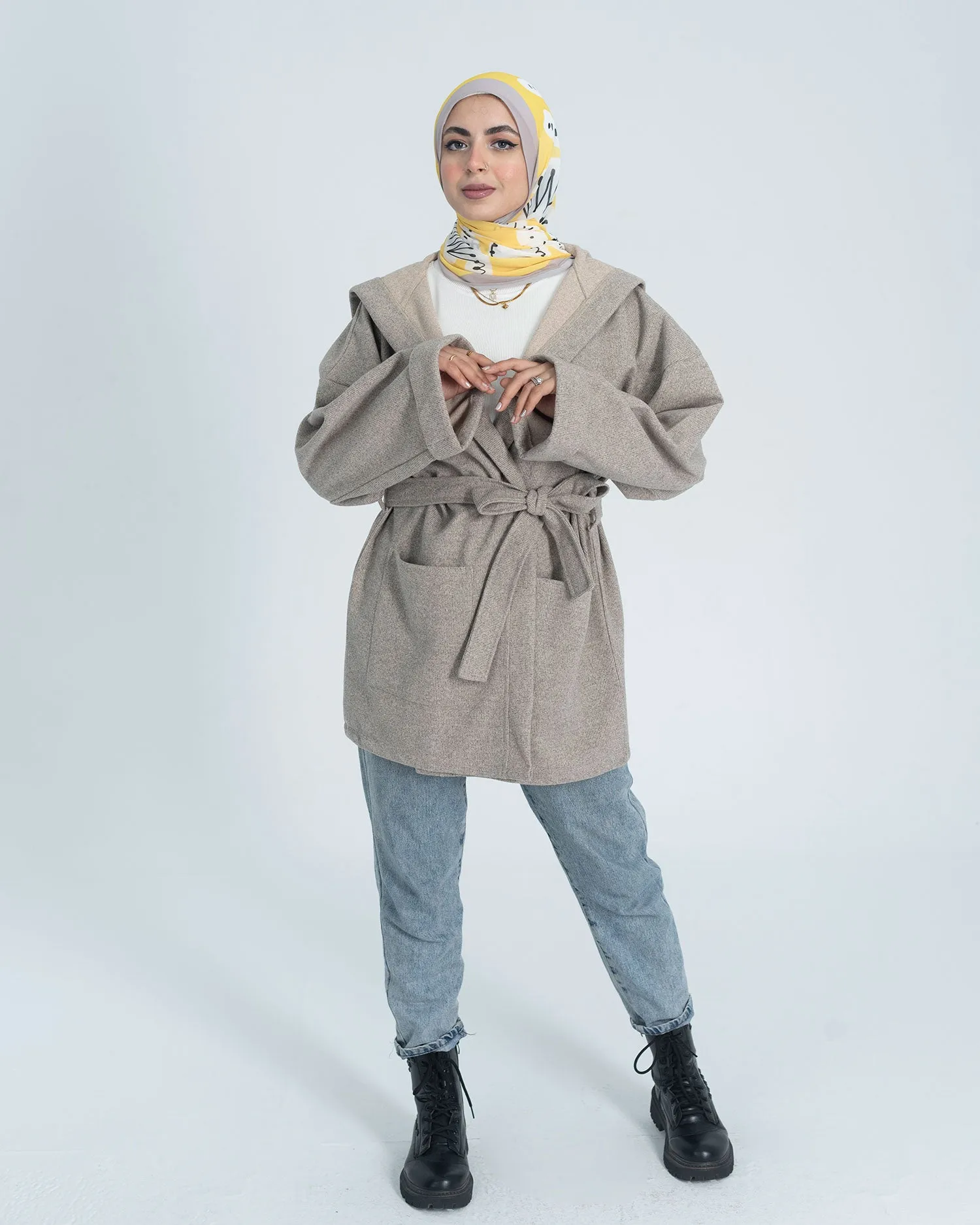 Hooded Tie Waist Casual Coat - Allura