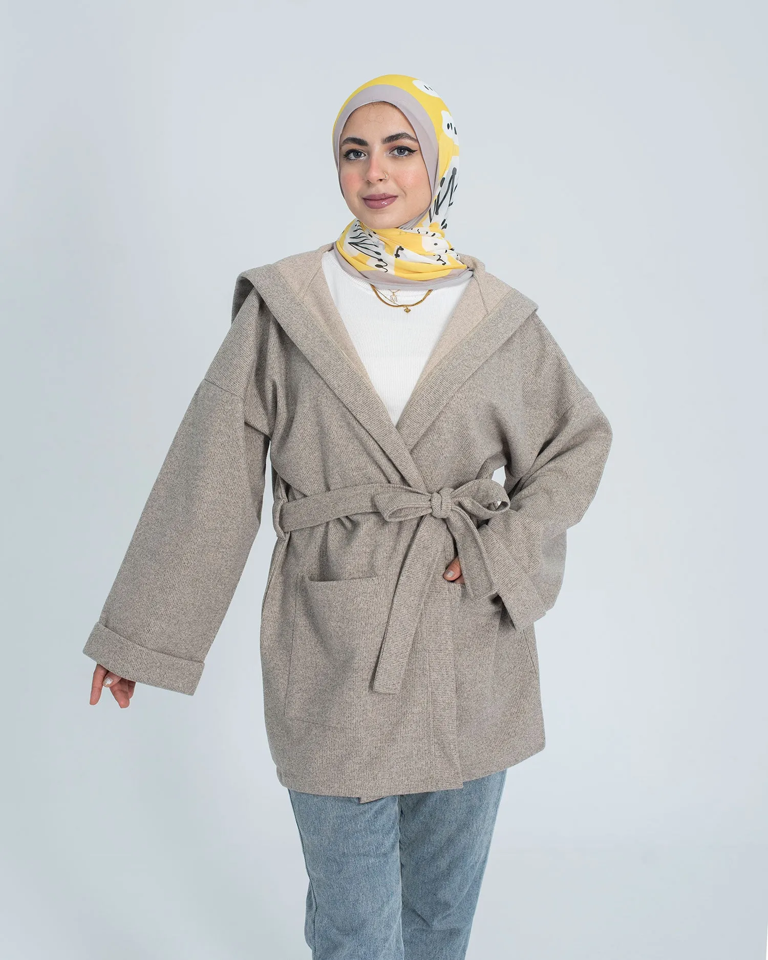 Hooded Tie Waist Casual Coat - Allura