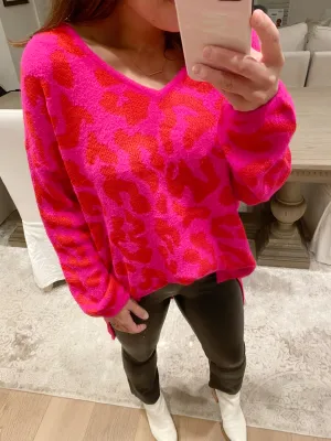 Hot Pink/Red Leopard Print Knit Vneck Sweater