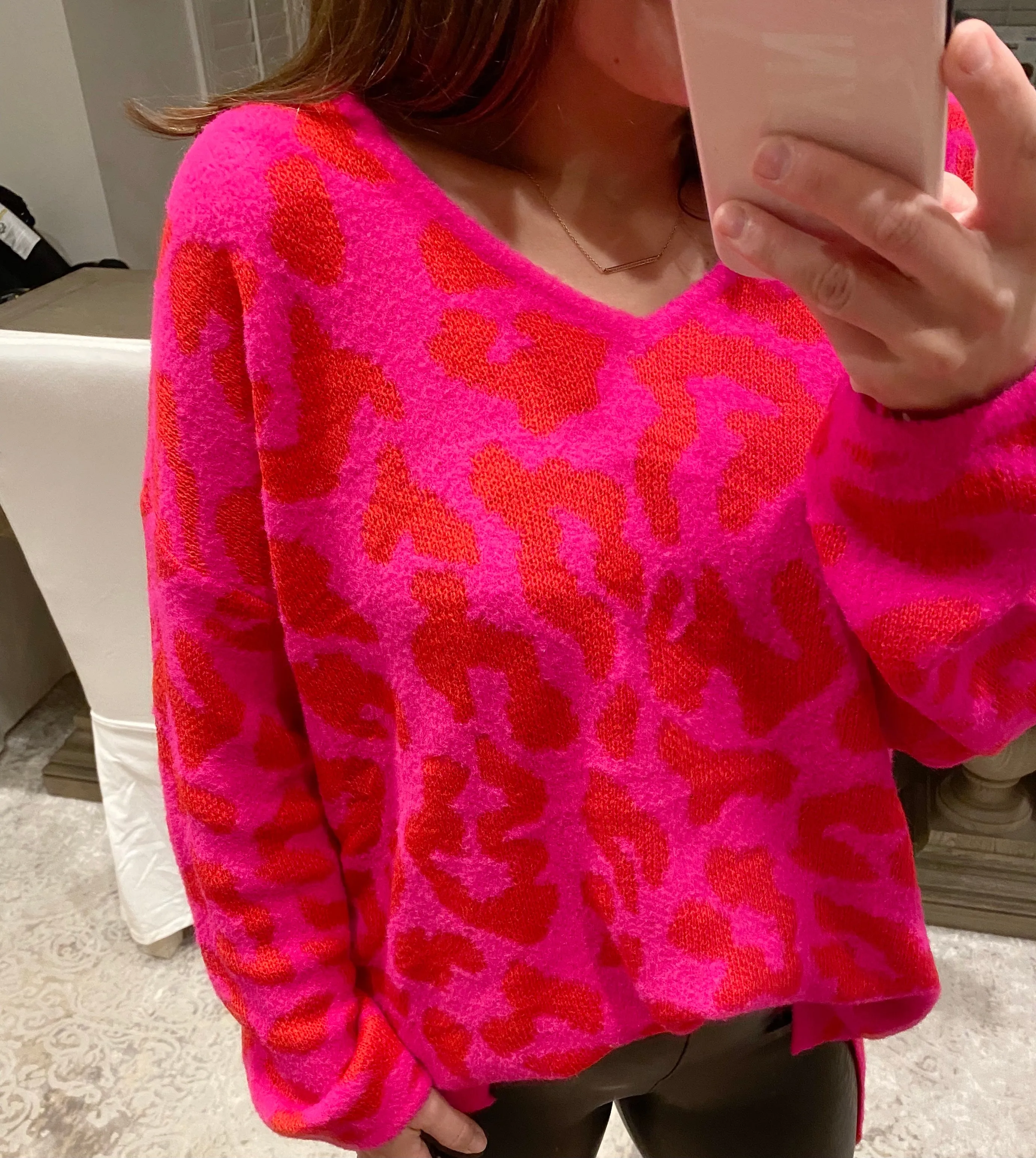 Hot Pink/Red Leopard Print Knit Vneck Sweater