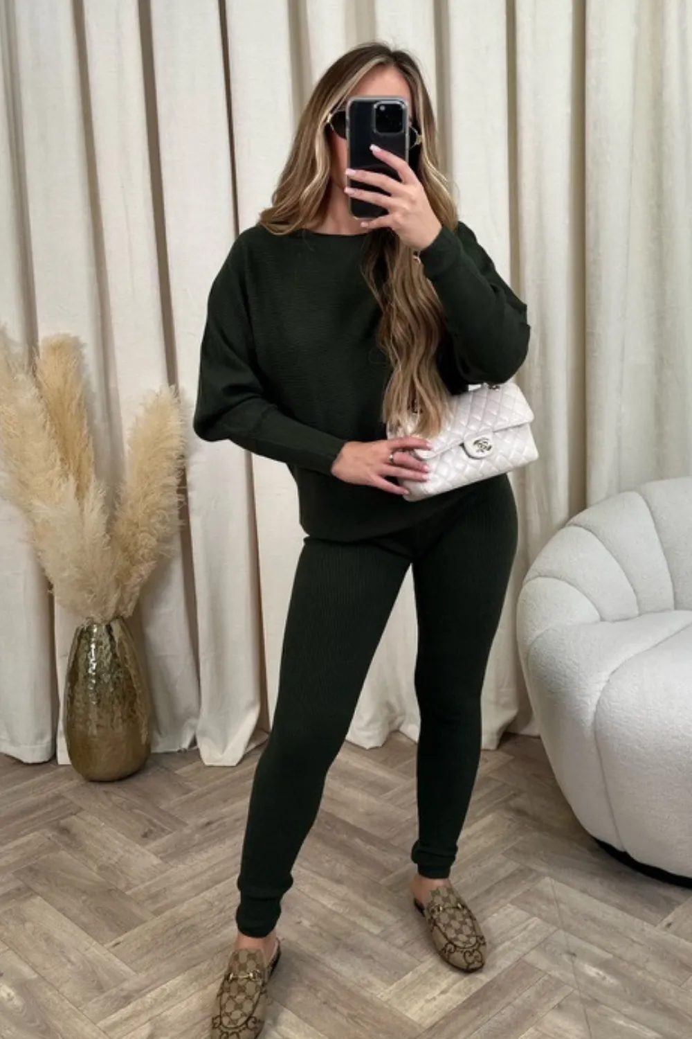 Kayla khaki ribbed loungewear set