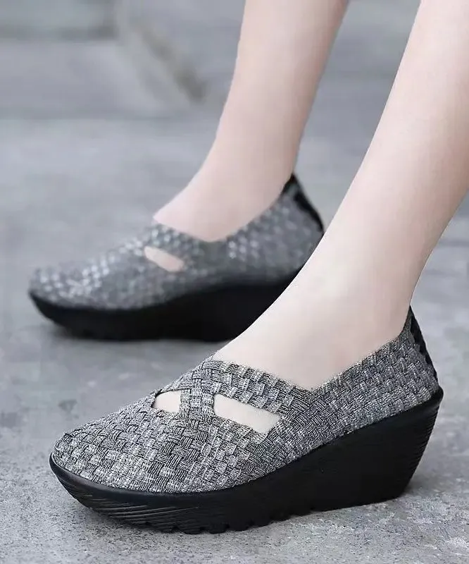 Knit Fabric Black Handmade Comfortable Splicing Wedge Heels ML1090