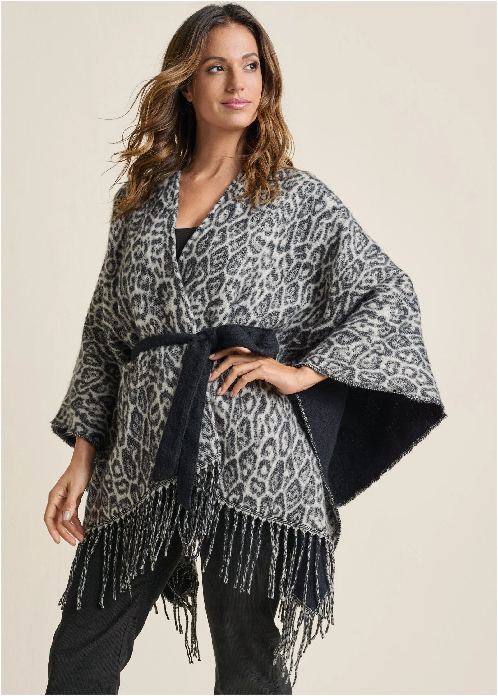 Leopard Wrap Knit Cape - Snow Leopard