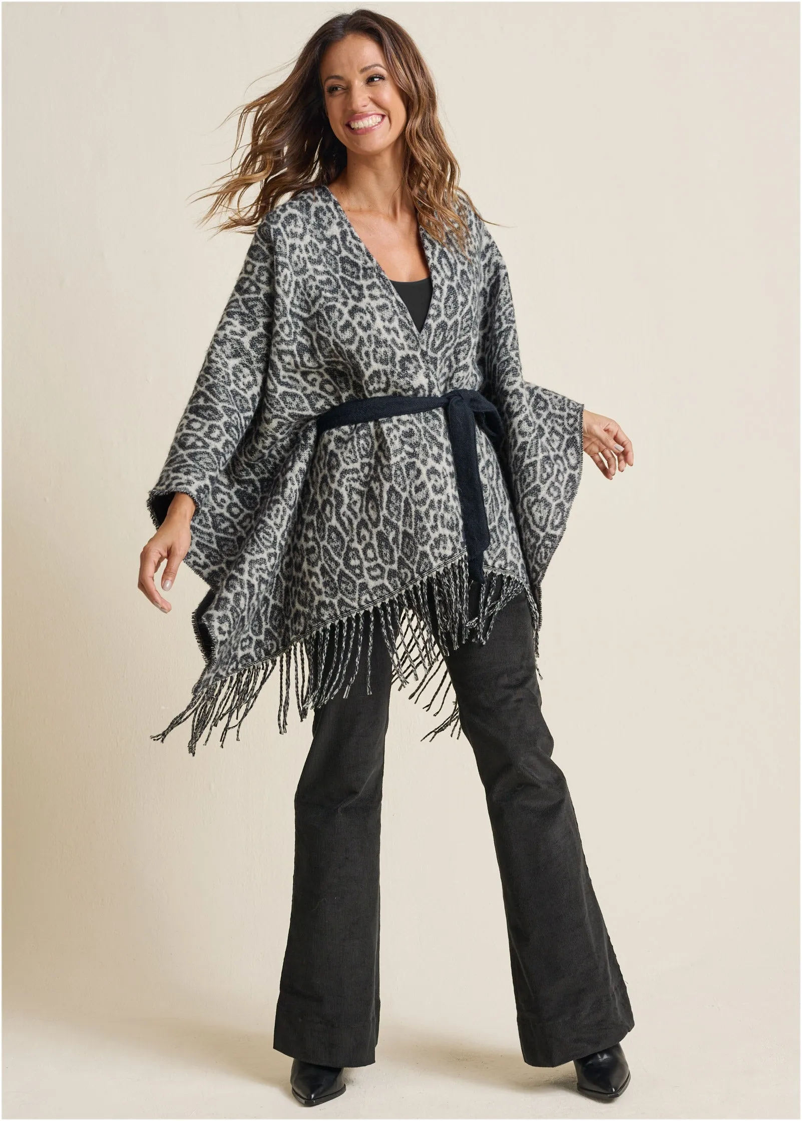 Leopard Wrap Knit Cape - Snow Leopard