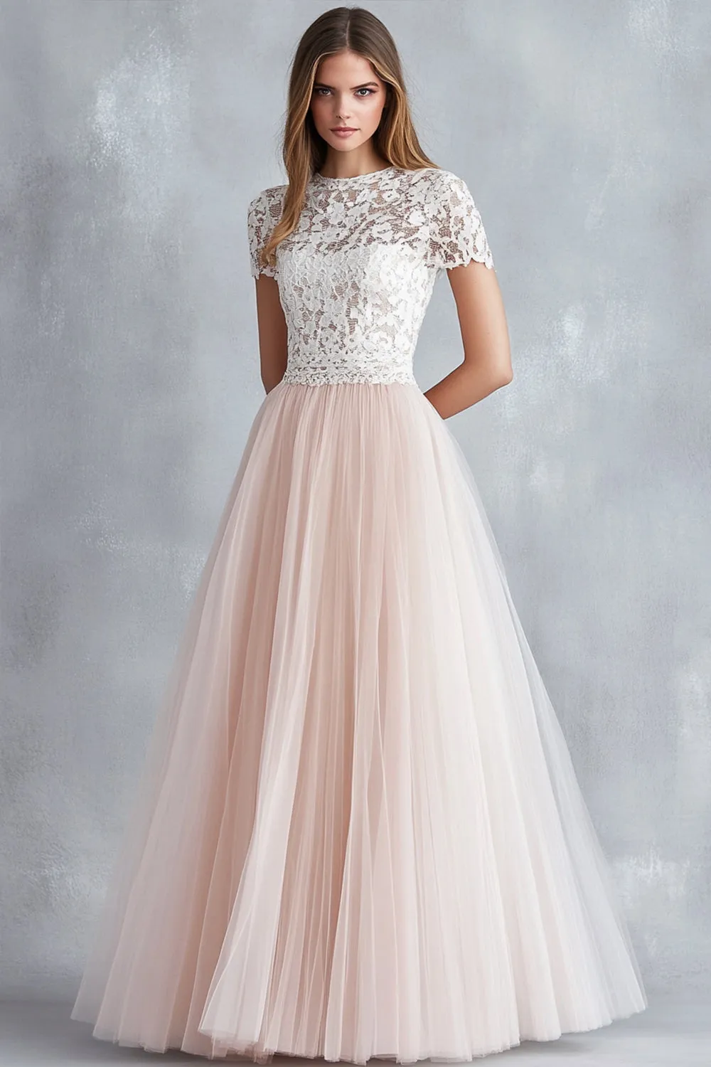 Light Pink A Line Tulle Lace Bridesmaid Dress with Short Sleeves