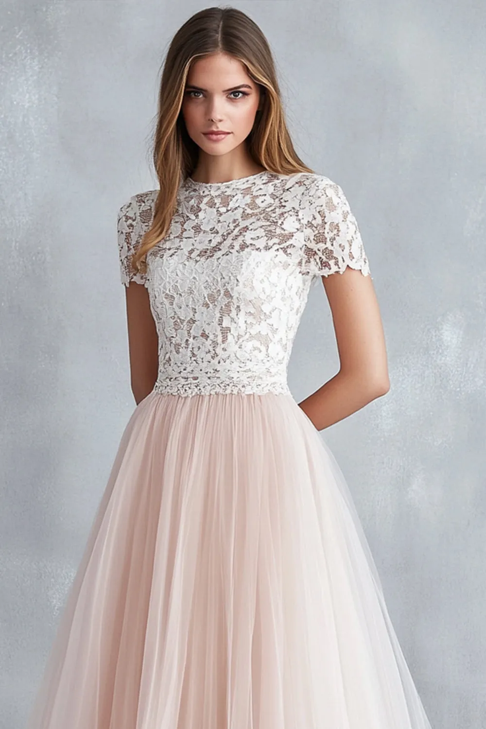 Light Pink A Line Tulle Lace Bridesmaid Dress with Short Sleeves