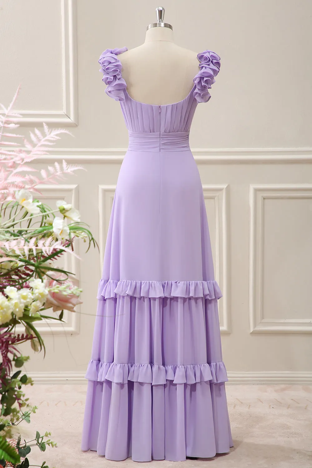 Lilac A Line Chiffon Ruched Maxi Dress with Ruffles