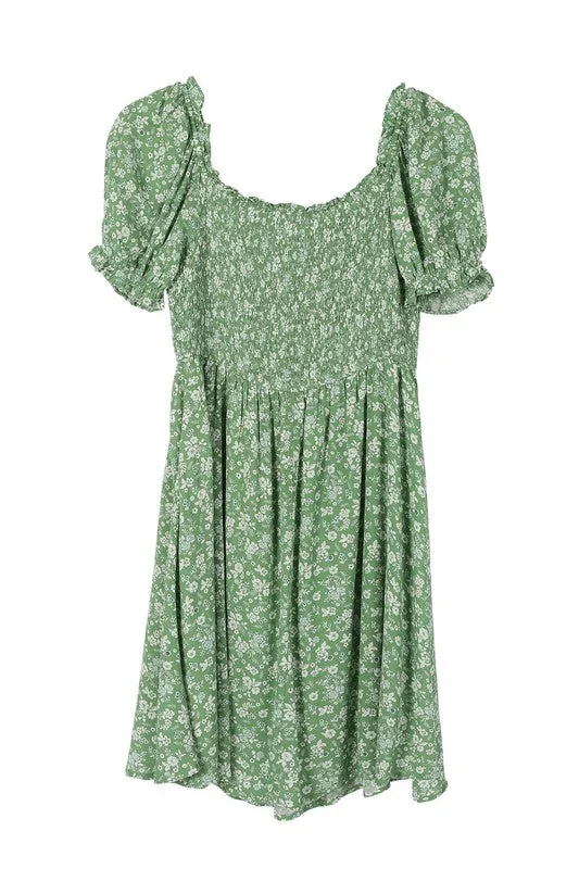 LILOU Green Floral Smocked Summer Dress