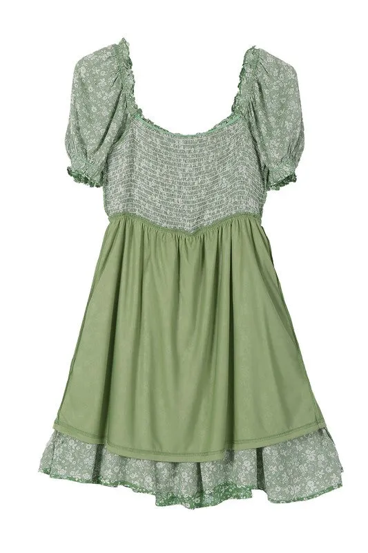 LILOU Green Floral Smocked Summer Dress