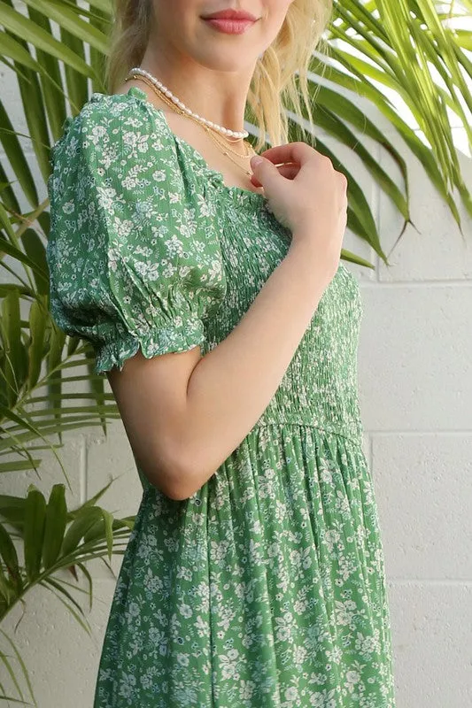 LILOU Green Floral Smocked Summer Dress