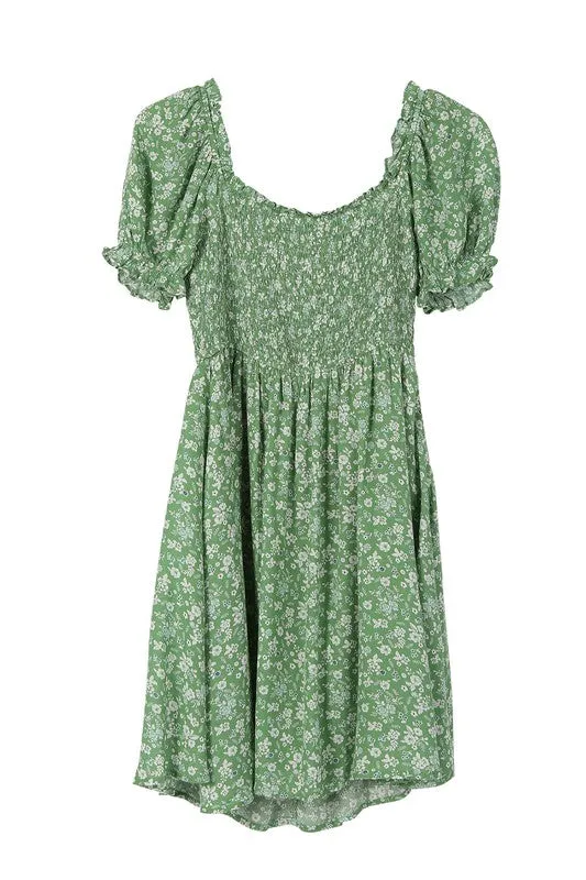 LILOU Green Floral Smocked Summer Dress