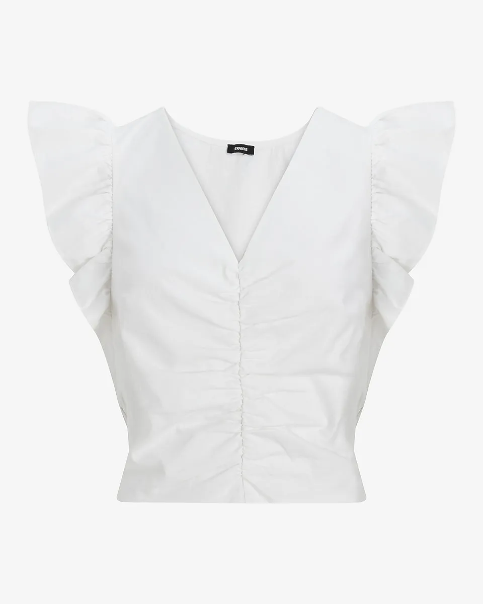 Linen-Blend V-Neck Ruched Front Flutter Sleeve Top in White