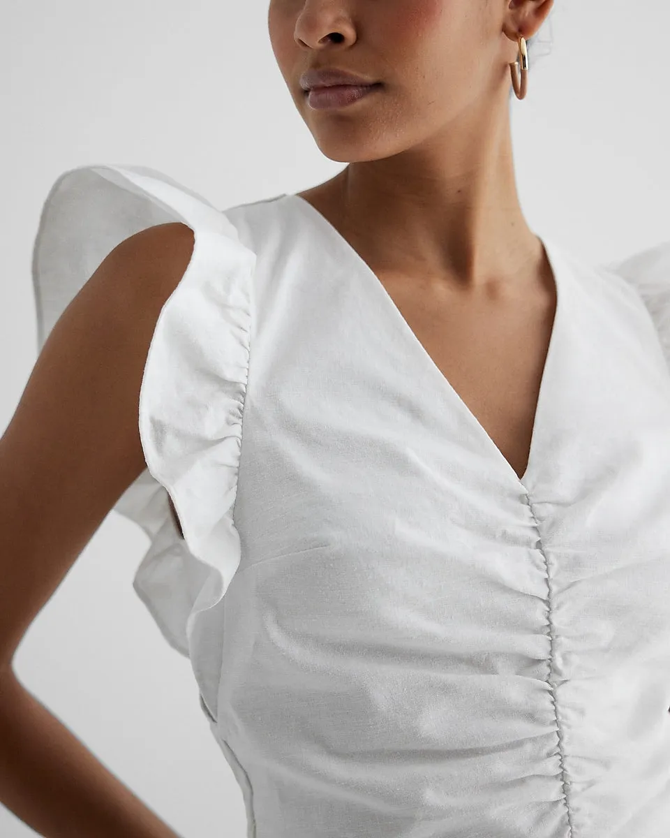 Linen-Blend V-Neck Ruched Front Flutter Sleeve Top in White