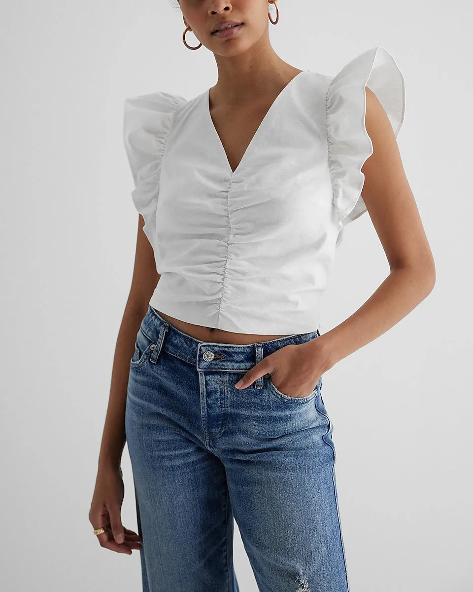 Linen-Blend V-Neck Ruched Front Flutter Sleeve Top in White