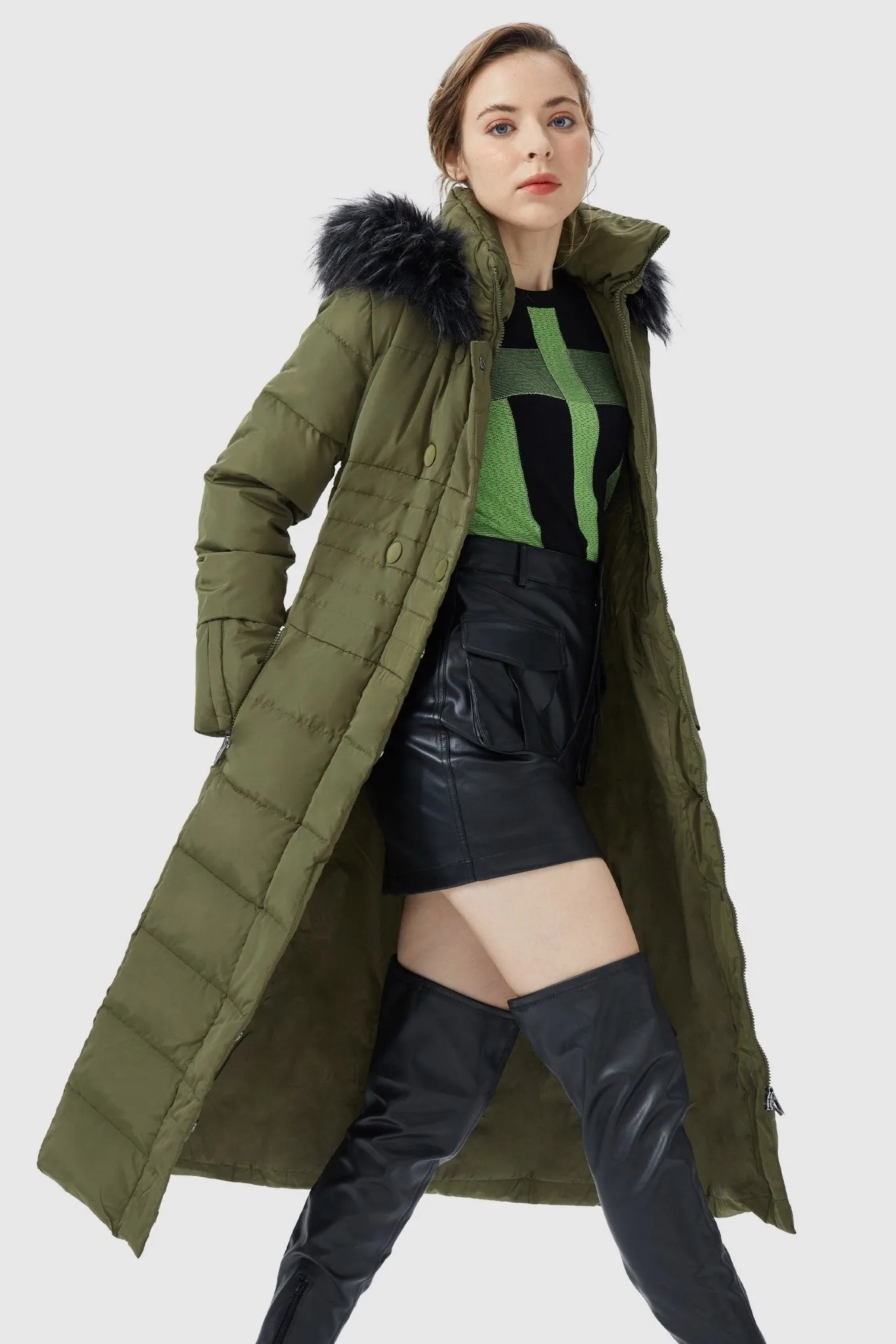 Long Puffer Coat with Hood Fur