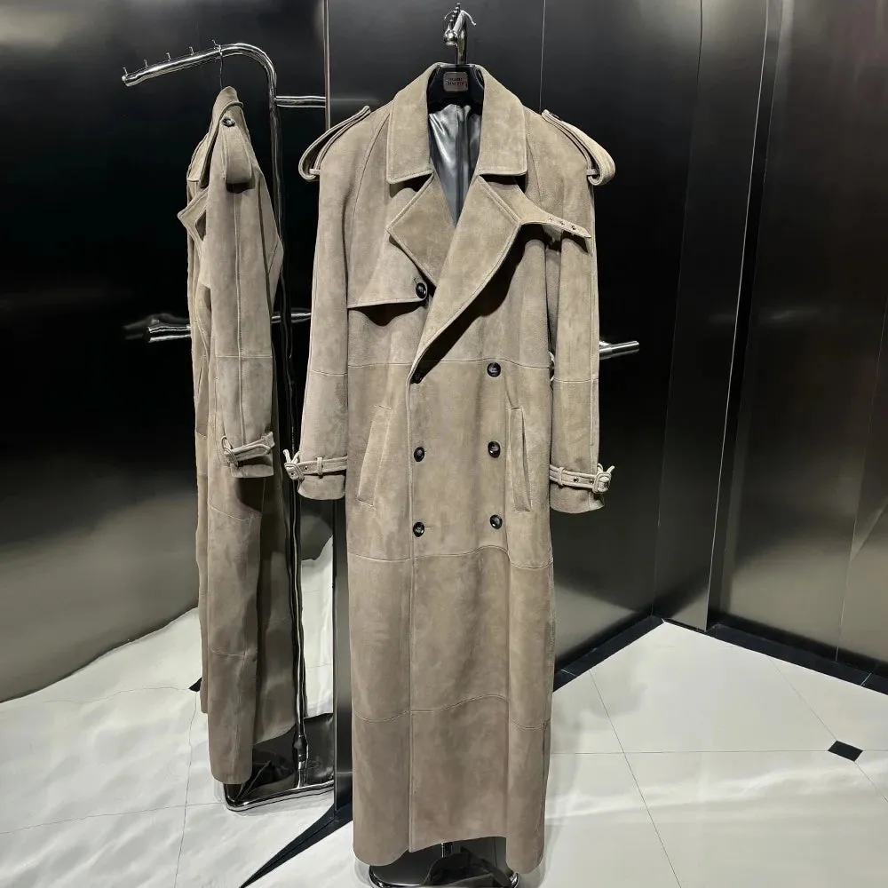 Luxury Genuine Suede Leather Trench Coat