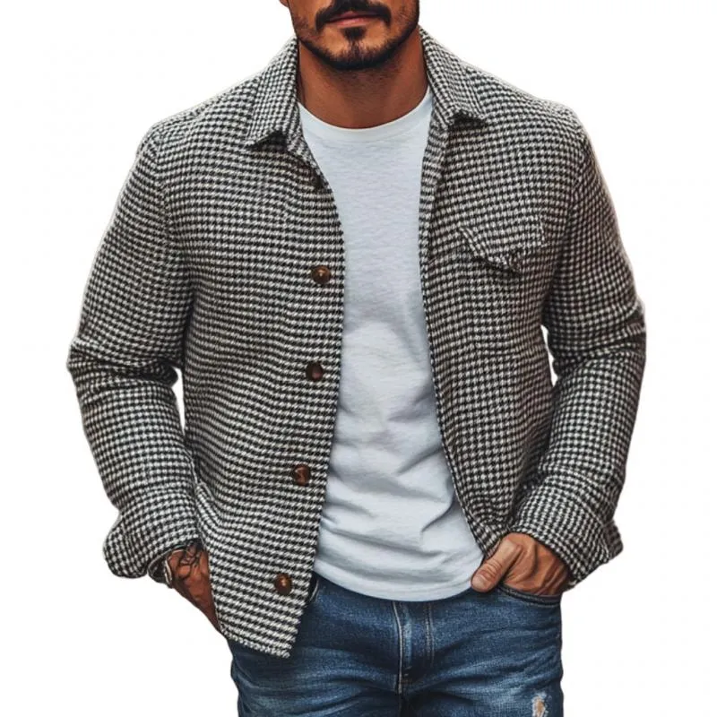 Men's Vintage Houndstooth Lapel Single Breasted Shirt Jacket