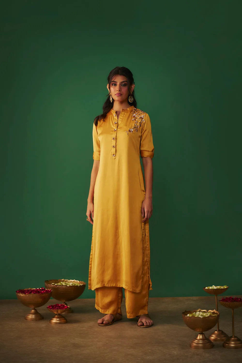 Mustard Yellow Mukaish Embrodiered Kurta And Pants Set