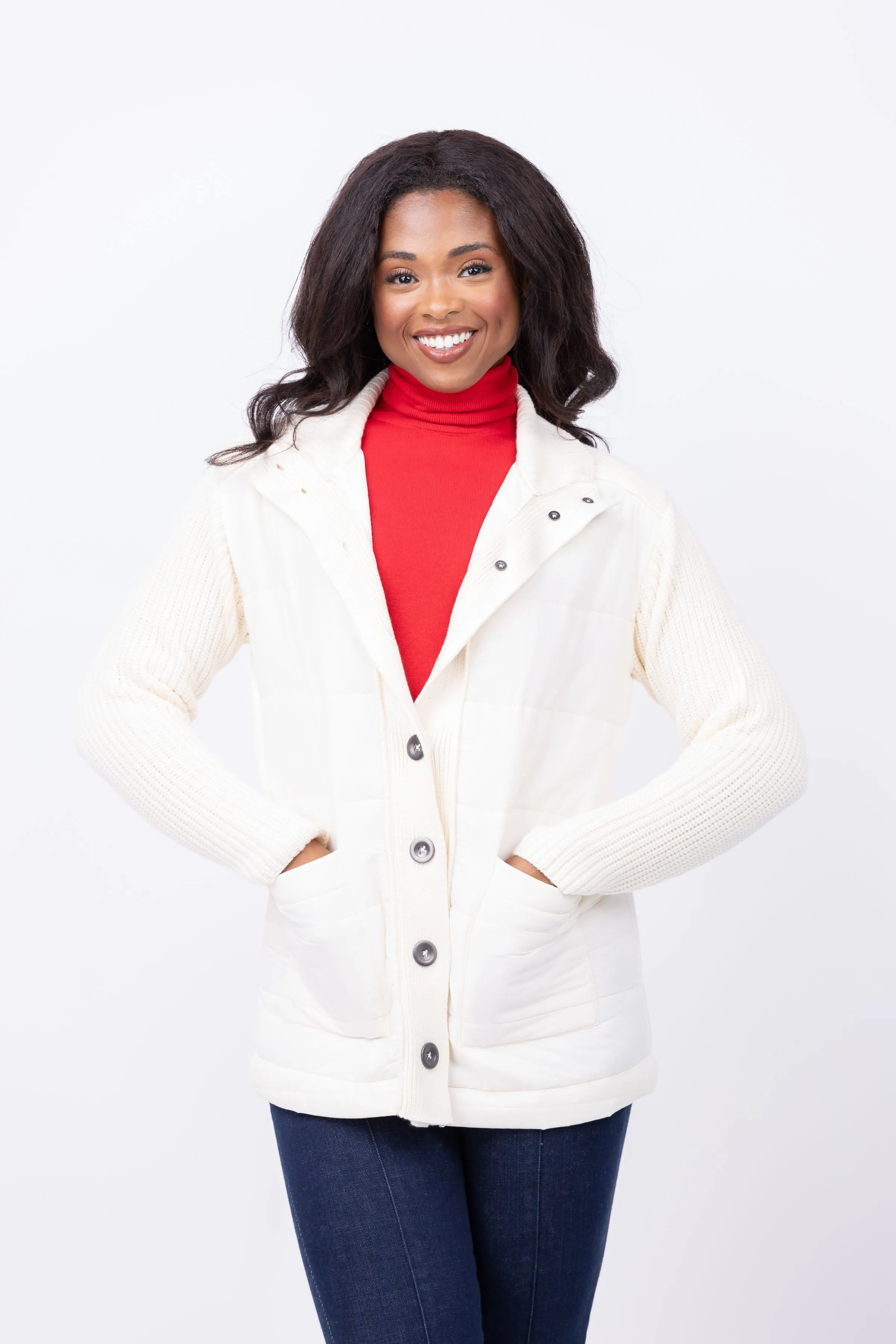 Nic   Zoe Mix Media Quilted Puffer Jacket in Classic Cream