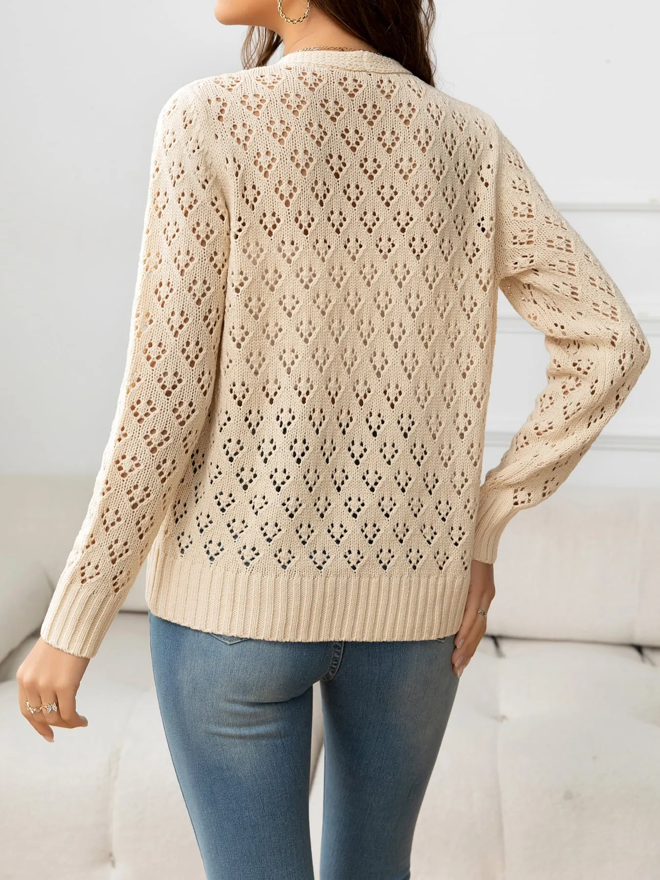 Openwork V-Neck Buttoned Knit Top