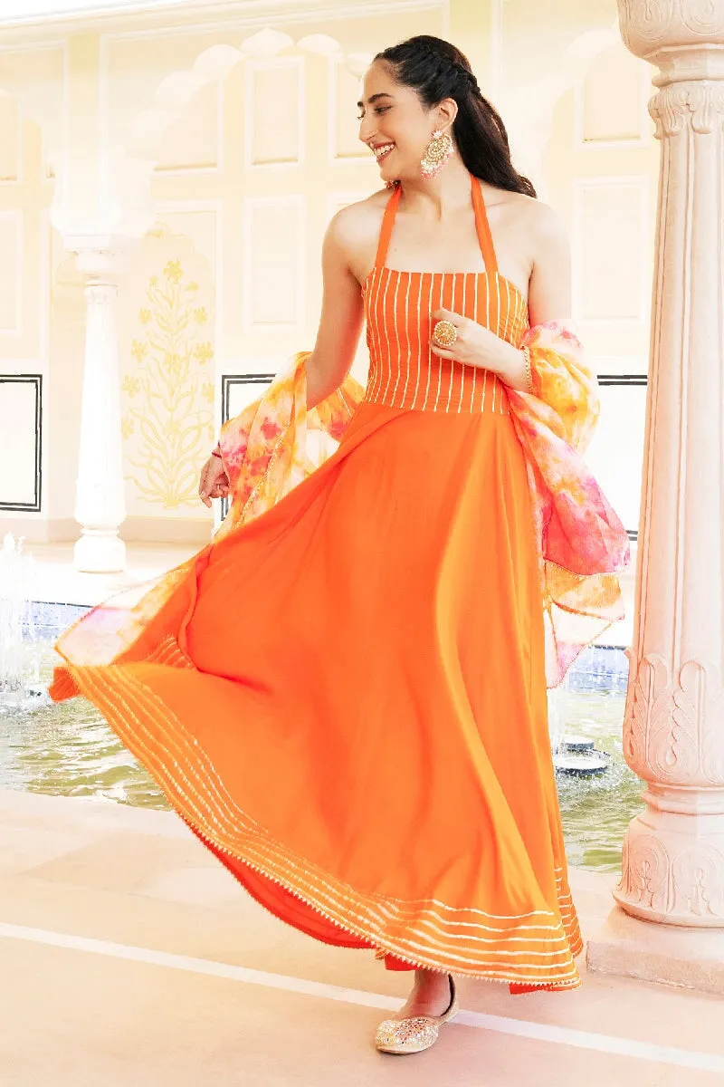 Pancy Orange Flared Kurta With Pant & Dupatta