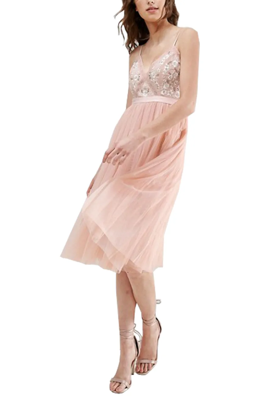 Pink Embroidered Floral Tulle Midi Dress