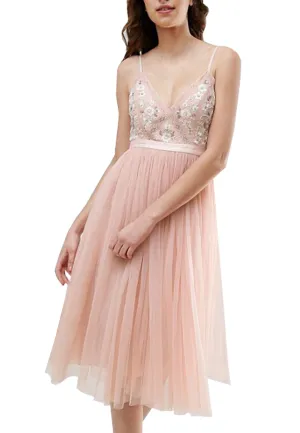 Pink Embroidered Floral Tulle Midi Dress