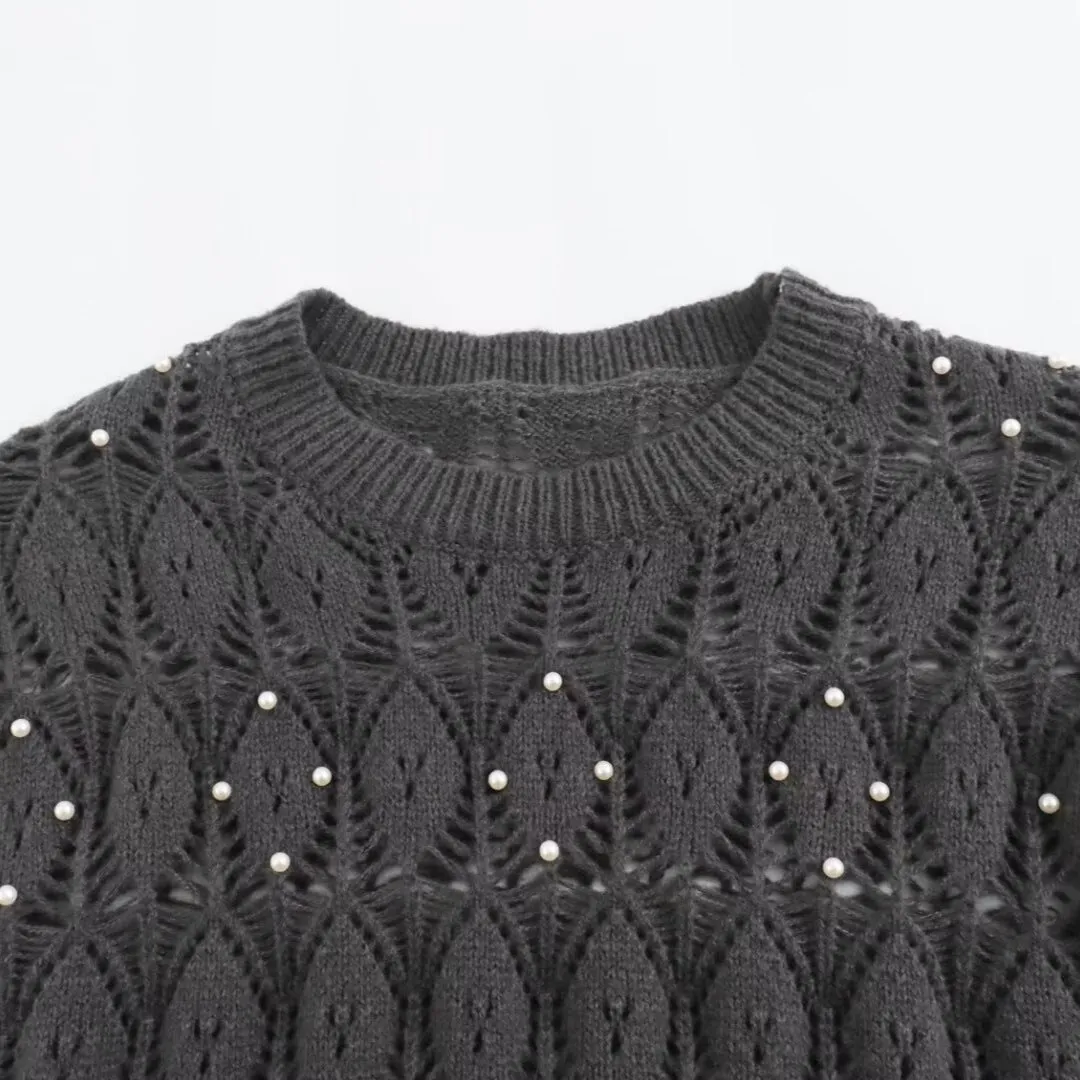 Pre Order:  Round Neck Nail Bead Long Sleeved Sweater