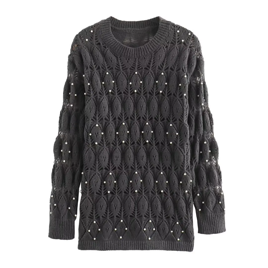 Pre Order:  Round Neck Nail Bead Long Sleeved Sweater