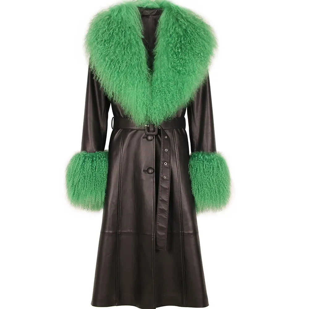 Premium Genuine Leather Fur-Trimmed Coat