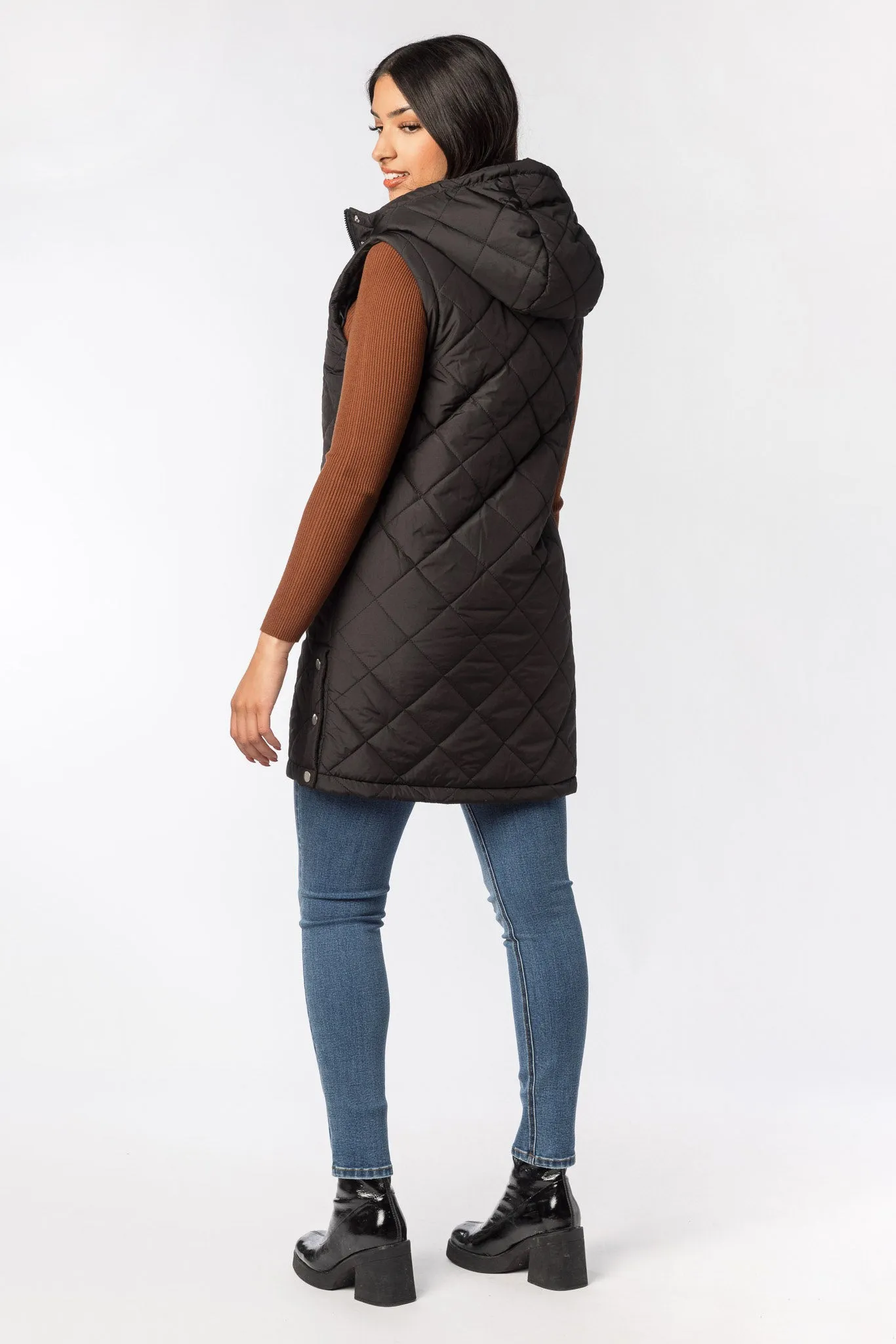 Quilted Puffer Midi Vest with Sherpa Lined Hood