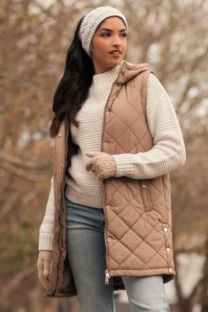 Quilted Puffer Midi Vest with Sherpa Lined Hood