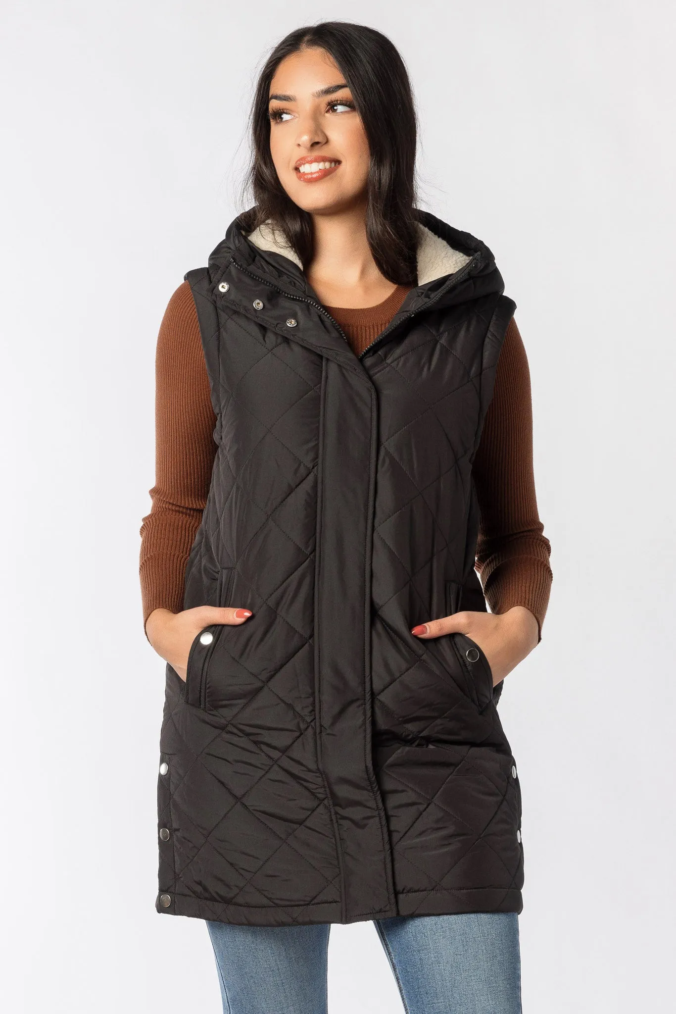 Quilted Puffer Midi Vest with Sherpa Lined Hood