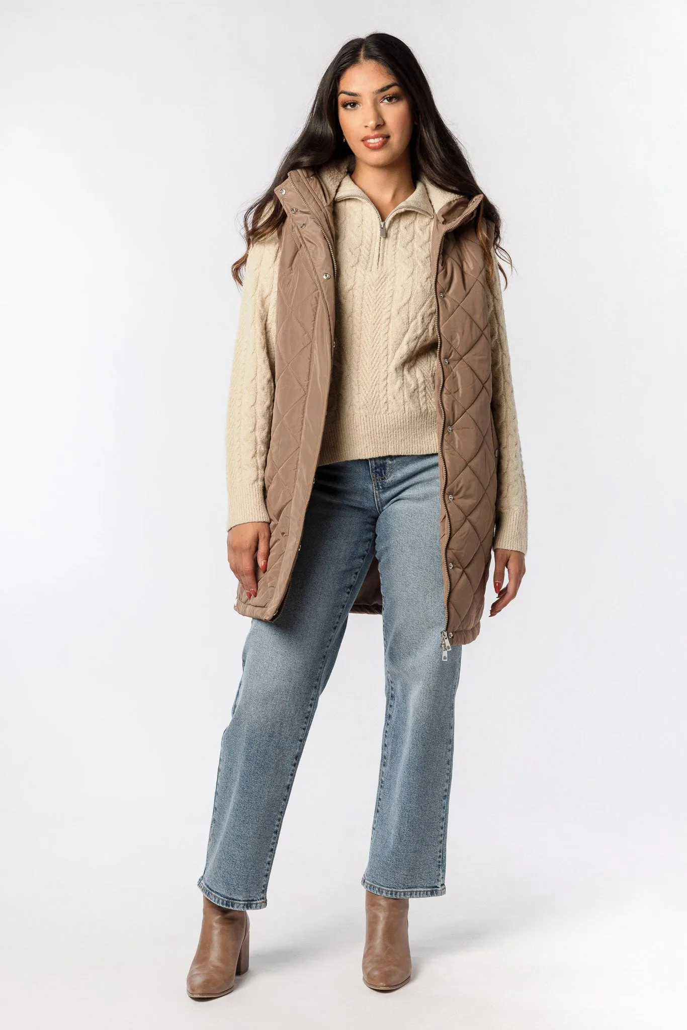 Quilted Puffer Midi Vest with Sherpa Lined Hood