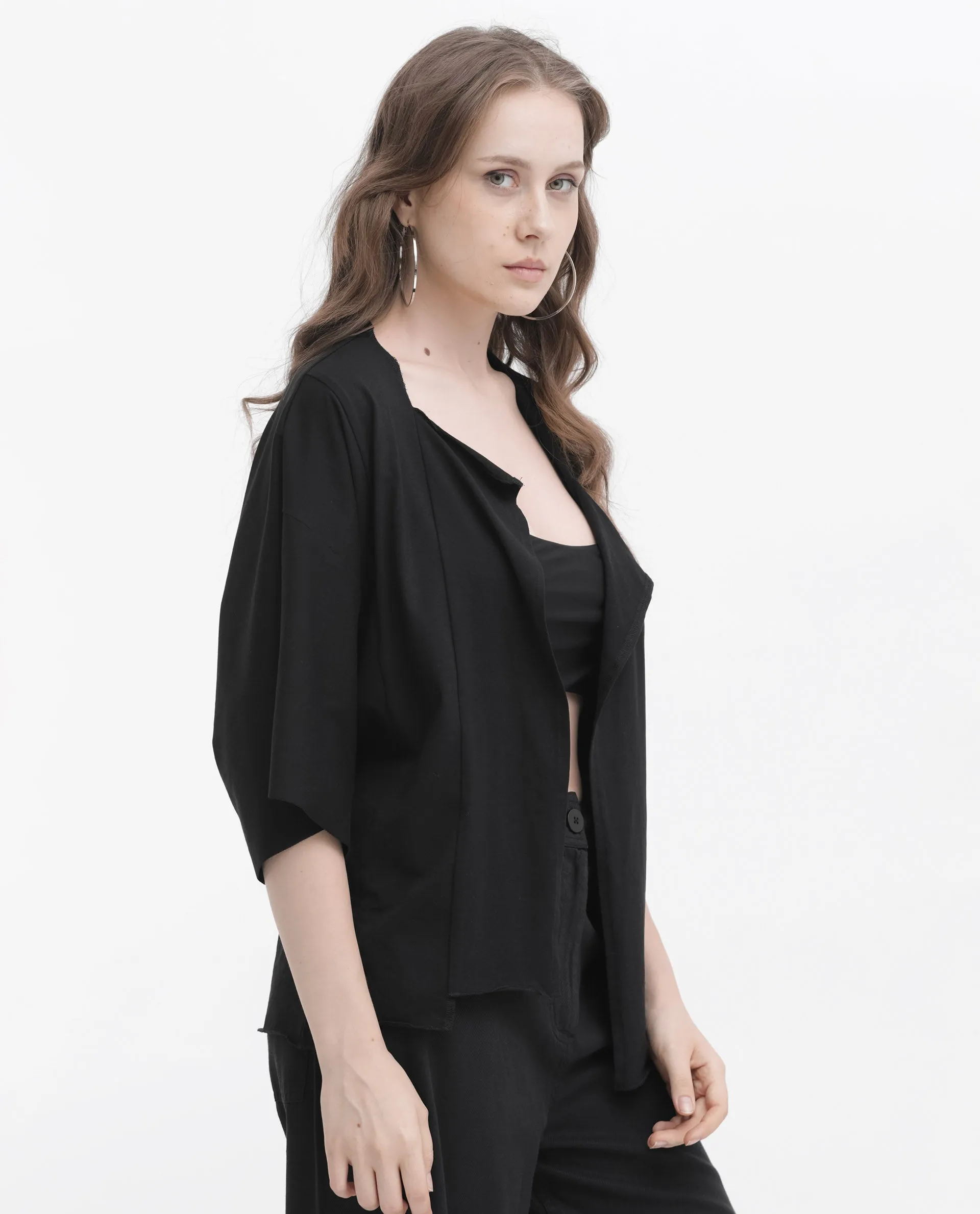 Rareism Women Nirv Black Cotton Fabric Short Sleeves Relaxed Fit Plain Shrug