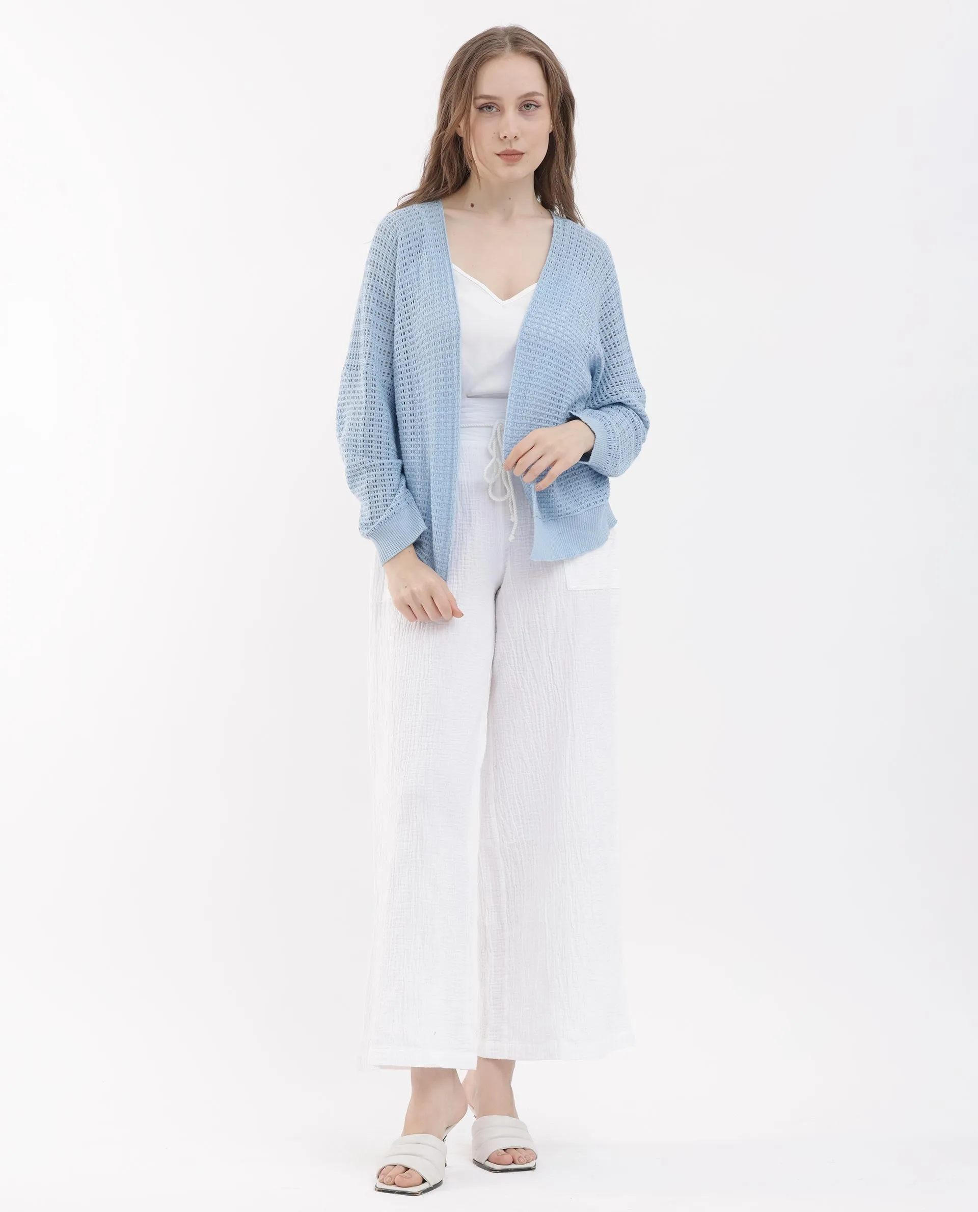 Rareism Women Roba Light Blue Cotton Fabric Full Sleeves Relaxed Fit Plain Shrug