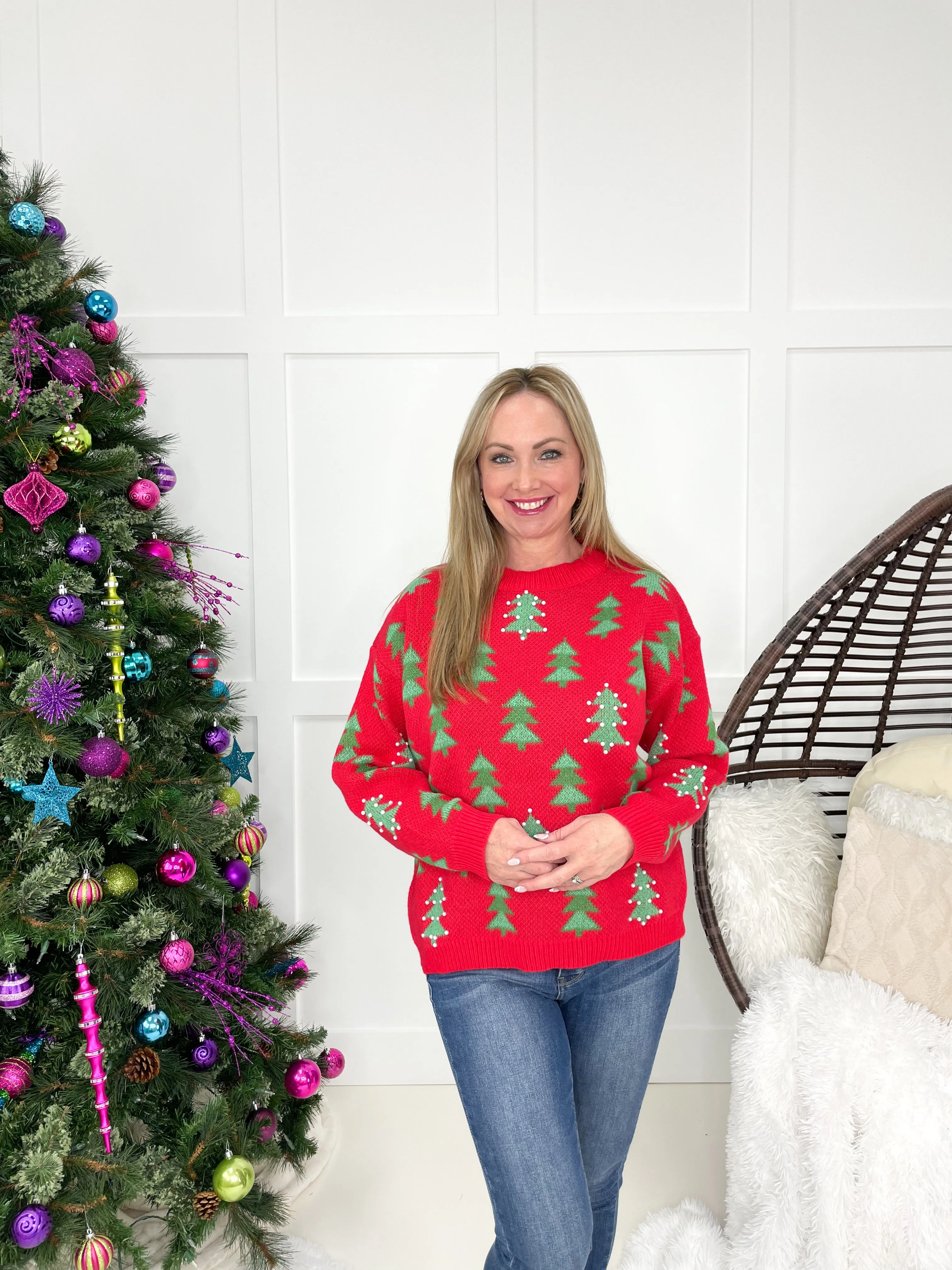 Red & Green Christmas Tree with Pearl Accent Sweater