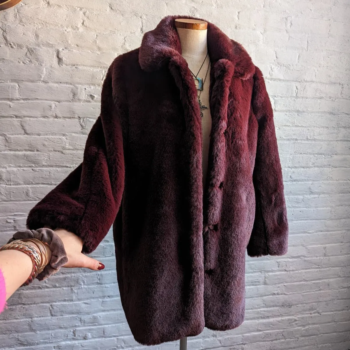 Retro Penny Lane Vegan Velvet Fur Trench Coat Minimalist Furry Mob Wife Jacket