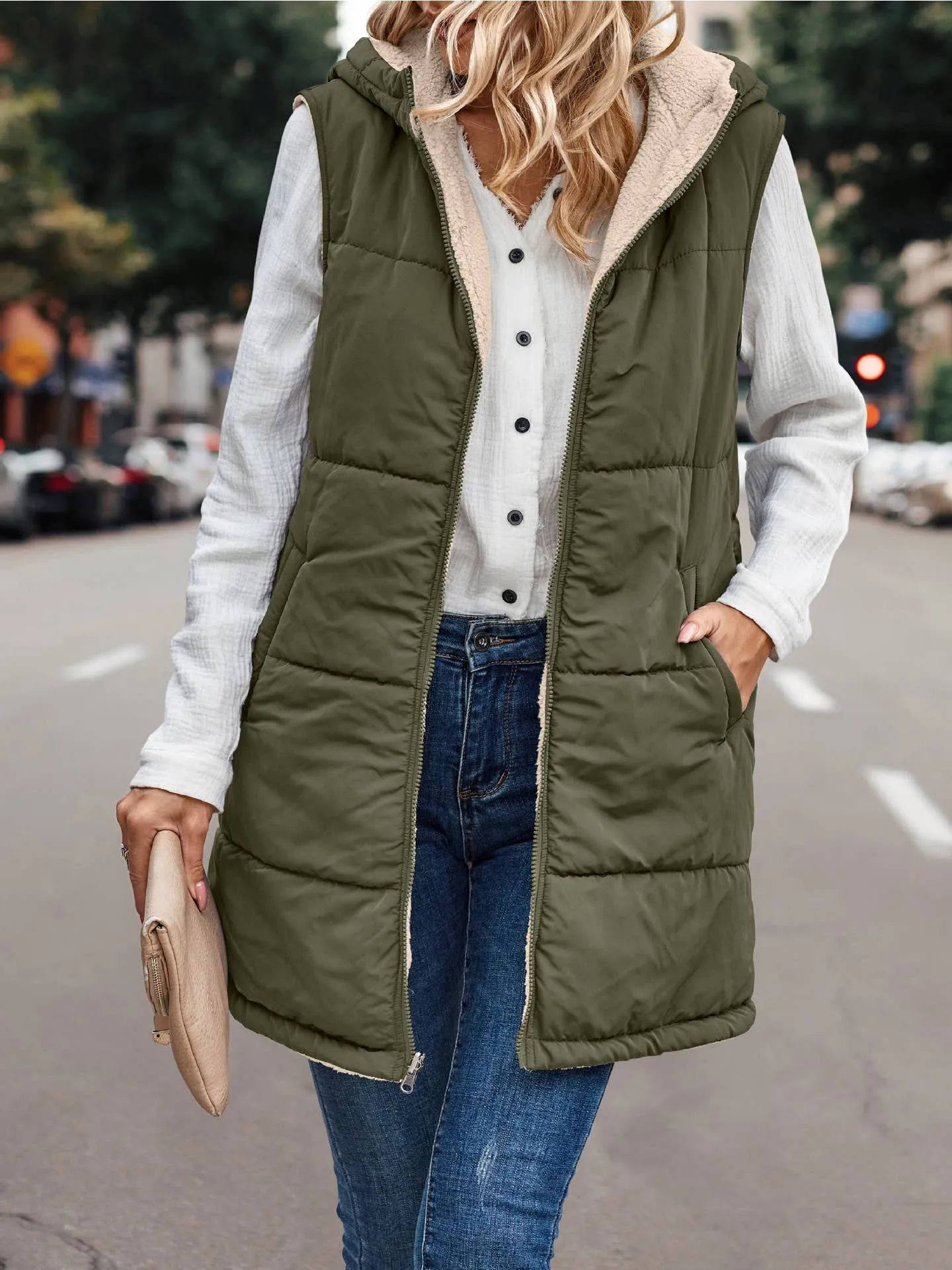 Reversible Sherpa Puffer Long Vest with Hood