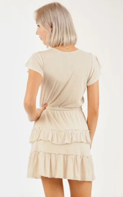 Short sleeve knit drawstring dress with ruffled skirt