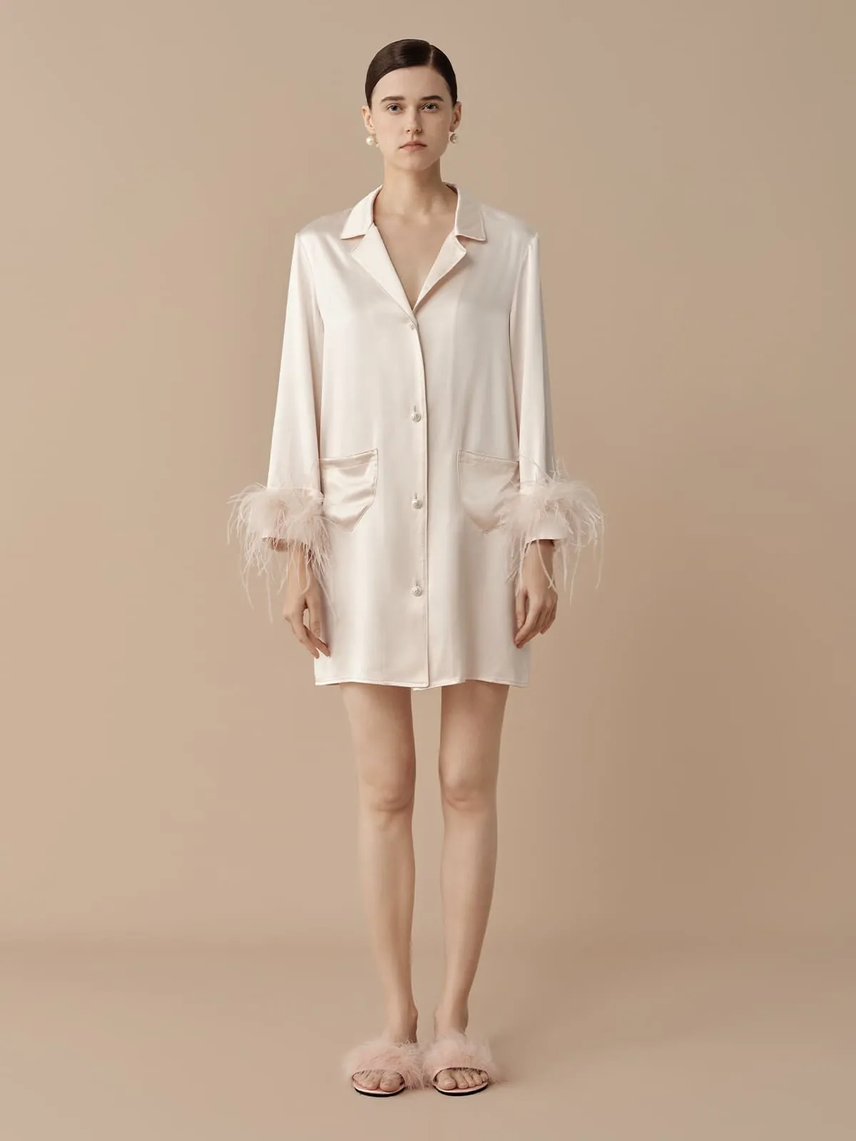 SILKINC Collared Silk Shirt Dress with Feather Trim